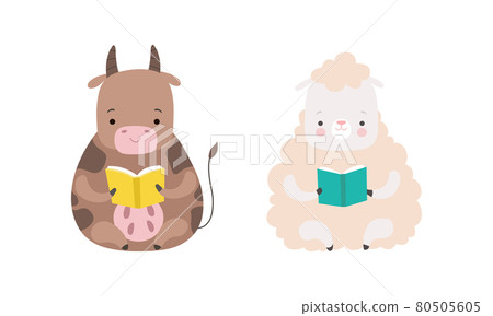 Funny Baby Animals Reading Books Set, Adorable Little Cow and Sheep Sitting and Learning, Kids Education Concept Cartoon Vector Illustration 80505605