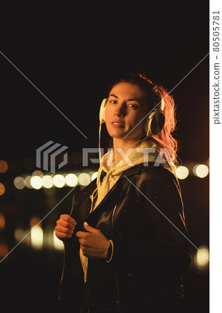 Millennial Girl Listen Music Neon Light Outdoor 80505781