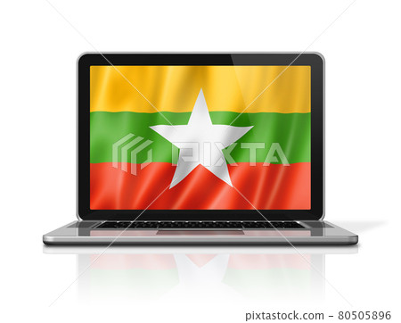 Burma Myanmar flag on laptop screen isolated on white. 3D illustration Burma Myanmar flag on laptop screen isolated on white. 3D illustration 80505896