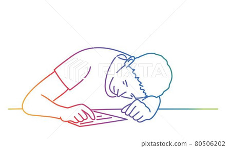 Bored man, tired and exhausted student sits with his head on the table. 80506202