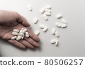 Hand holding many dosages of chemical opioids medical pills and a pile of pharmaceutical medication on clean white background with copyspace - Concept of abuse addiction, antibiotic or healthcare 80506257