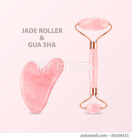 Vector 3d Realistic Jade Roller, Gua Sha Scraping Massage Tool Set. Natural Pink Rose Quartz Stone Scraper, Massager. Chinese Traditional Facial Lifting for Woman. Facial Acupoints Vector 3d Realistic Jade Roller, Gua Sha Scraping Massage Tool Set. Natural Pink Rose Quartz Stone Scraper, Massager. Chinese Traditional Facial Lifting for Woman. Facial Acupoints 80506331