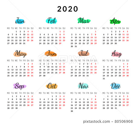 2020 year calendar cards isolated on dark background vector illustration with colored months and days. Vector design planner for 12 months. Print use 2020 year calendar cards isolated on dark background vector illustration with colored months and days. Vector design planner for 12 months. Print use 80506908