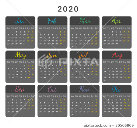 2020 year calendar cards isolated on dark background vector illustration with colored months and days. Vector design planner for 12 months. Print use 80506909