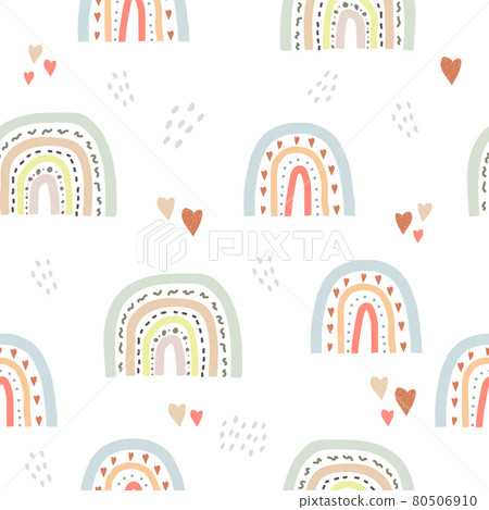 Seamless cute pattern in scandinavian style for kids, children. Rainbow and hearts stars background. Nordic style for fabric, wallpaper, clothes, swaddles, apparel, planner, sticker Seamless cute pattern in scandinavian style for kids, children. Rainbow and hearts stars background. Nordic style for fabric, wallpaper, clothes, swaddles, apparel, planner, sticker 80506910