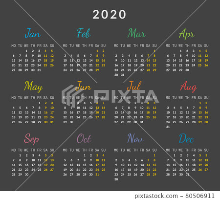 2020 year calendar cards isolated on dark background vector illustration with colored months and days. Vector design planner for 12 months. Print use 2020 year calendar cards isolated on dark background vector illustration with colored months and days. Vector design planner for 12 months. Print use 80506911