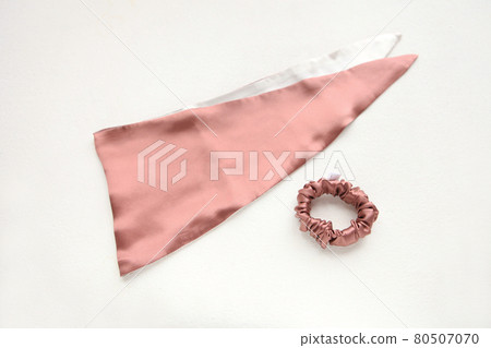 Coral-Pink hair accessories with textile rose. silk Pink Scrunchy isolated on white backdrop. Flat lay Hairdressing tools and accessories for woman - Colorful Hair Scrunchies, Elastic HairBands 80507070