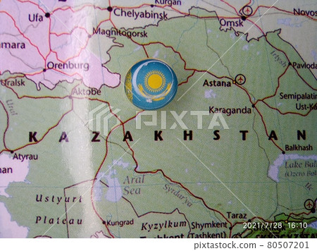 Drawing pin flag of Kazakhstan on the map 80507201
