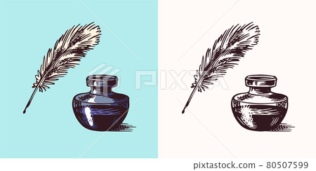Ink and feather and inkwell in vintage engraved style. Retro vector illustration for woodcut or Ink and feather and inkwell in vintage engraved style. Retro vector illustration for woodcut or 80507599