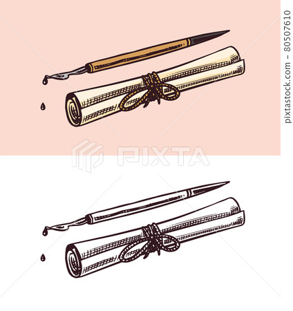 Scroll Paper and a pen for writing. Dripping ink in vintage engraved style. Retro vector 80507610