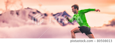 Running man athlete sport active lifestyle banner panorama. Trail run male runner in sunset nature landscape background. 80508013