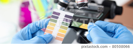Scientist chemist holding ph test in his hands closeup 80508066