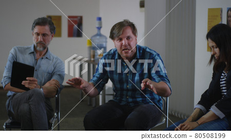 Angry man speaking during support meeting Angry man speaking during support meeting 80508199