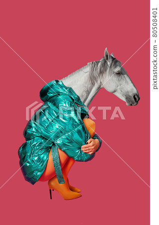 Contemporary art collage. Concept woman with horse head. 80508401