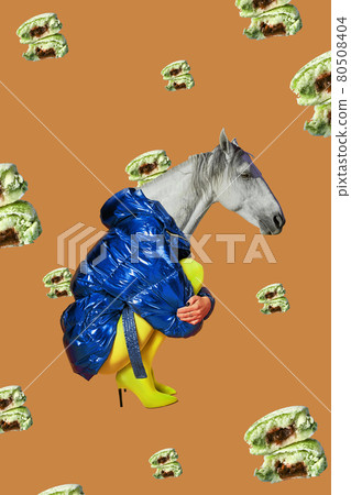 Contemporary art collage. Concept woman with horse head. Contemporary art collage. Concept woman with horse head. 80508404