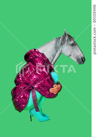 Contemporary art collage. Concept woman with horse head. Contemporary art collage. Concept woman with horse head. 80508406