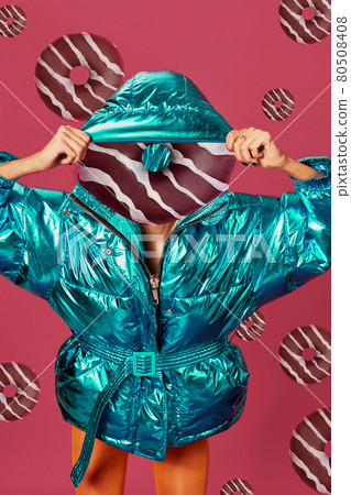 Abstract contemporary art. A woman's body with donut head on red background Abstract contemporary art. A woman's body with donut head on red background 80508408