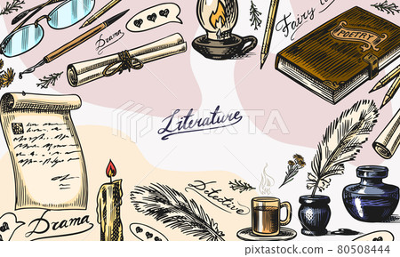 Literature background. Ink and pen, typewriter, coffee and lamp, stack of books and teacher, School Literature background. Ink and pen, typewriter, coffee and lamp, stack of books and teacher, School 80508444