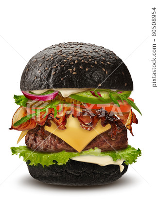 Big black burger isolated on white background. Ham, beef cutlet, cheese, mayonnaise, vegetables and greens. Fast food. Close up, copy space Big black burger isolated on white background. Ham, beef cutlet, cheese, mayonnaise, vegetables and greens. Fast food. Close up, copy space 80508954