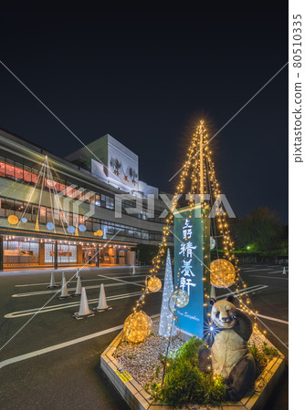 [Ueno, Tokyo] A sculpture of a panda standing in the parking lot of Ueno Seiyoken in Ueno Onshi Park and a night view of Christmas Three. 80510335