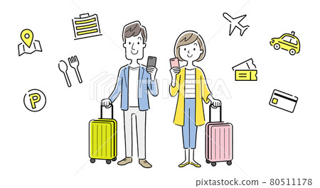 Vector Illustration Material: Young men and young women using smartphone apps while traveling 80511178