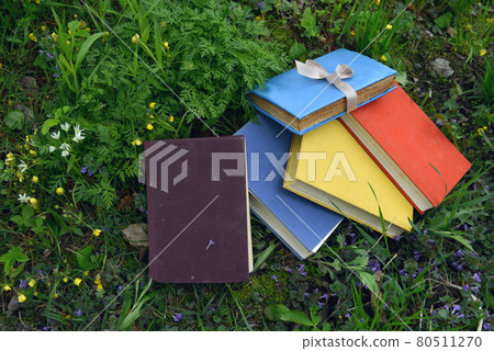 Still life with colorful books laying on green grass lawn outside. Vintage romantic and educational concept Still life with colorful books laying on green grass lawn outside. Vintage romantic and educational concept 80511270