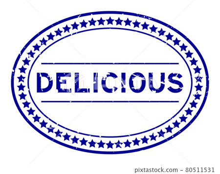 Grunge blue delicious word oval rubber seal stamp on white background 80511531