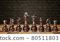 A set of dark wooden chess pieces placed on a chessboard in a brick wall background. The concept of business strategy planning. copy space for text or article. 80511803