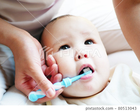 半嬰兒在媽媽腿上刷牙 80513043