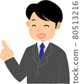 一個穿著西裝的男人微笑著指著 80513216