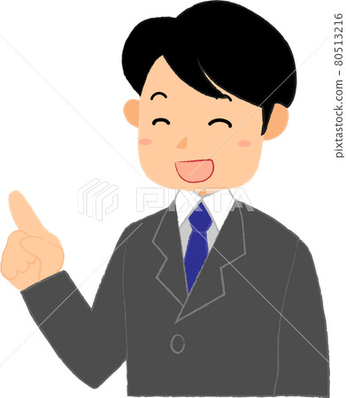 一個穿著西裝的男人微笑著指著 80513216