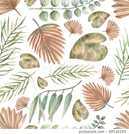 Seamless patterns with tropical leaves in boho style on a white isolated background. Watercolor illustration 80516393