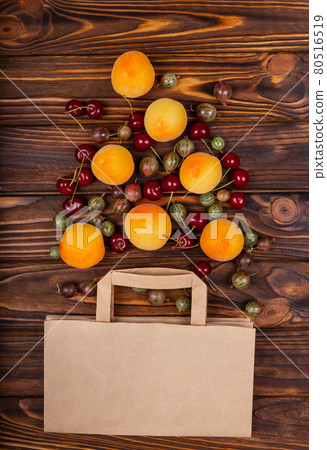 Composition with shopping bag and products. Online grocery shopping Composition with shopping bag and products. Online grocery shopping 80516519