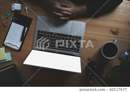 Above view man freelancer working with laptop at home office. Above view man freelancer working with laptop at home office. 80517677