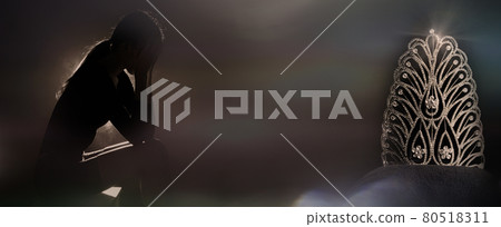 Silhouette Sad tired young woman touching forehead from stress upset unqualified or eliminated from Miss Beauty Pageant Queen Contest. Girl feels trouble with problem, Concept grief sorrow, copy space 80518311