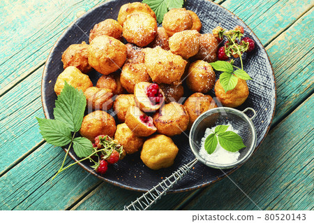 Cottage cheese donuts with raspberries Cottage cheese donuts with raspberries 80520143
