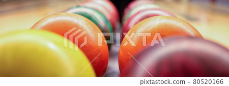 Colorful balls on rack in bowling club closeup Colorful balls on rack in bowling club closeup 80520166