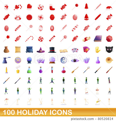 100 holiday icons set, cartoon style 100 holiday icons set, cartoon style 80520814