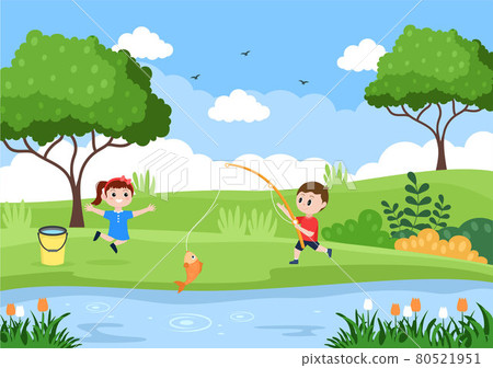 Children Fishing Fish By The River While Enjoying Quality Time At Summer Day With Hill Or Mountain View. Vector Illustration 80521951