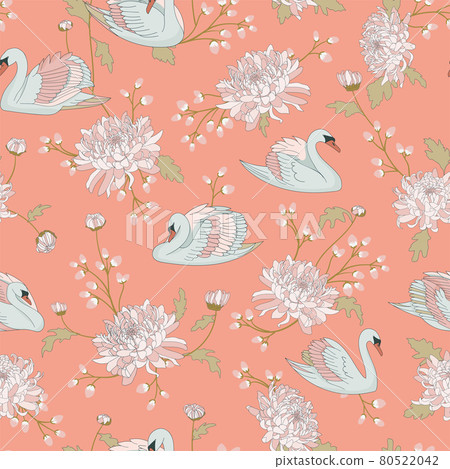 Beautiful seamless natural pattern with pastel color swans and beautiful big chrysanthemums. 80522042