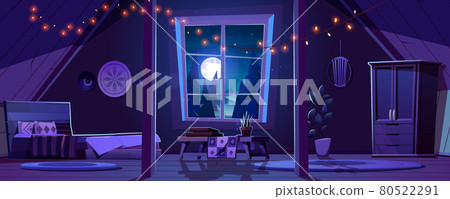 Bedroom interior in boho style on attic at night Bedroom interior in boho style on attic at night 80522291