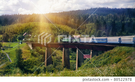 Train crossing a bridge in a mountainous area. Railway bridge over which the train goes. Railroad in 80522978