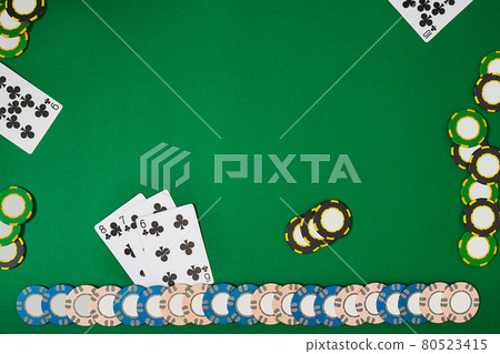 Banner template layout mockup for online casino. Green table, top view on workplace. 80523415