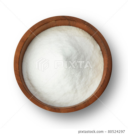 Top view of Sodium Bicarbonate in wooden bowl isolated on white background 80524297