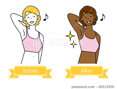 一個可愛的女人在曬黑沙龍的棕褐色皮膚上做身體前後的插圖簡單矢量 80525056