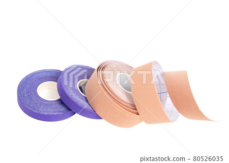 Set of different size lifting or kineio tape rolls on white background Set of different size lifting or kineio tape rolls on white background 80526035