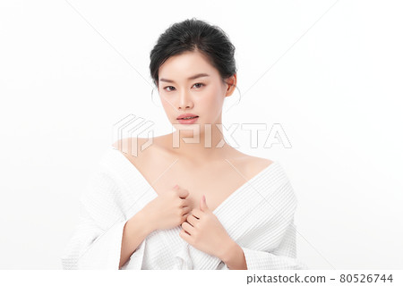Beautiful young asian woman with clean fresh skin on white background, Face care, Facial treatment, 80526744