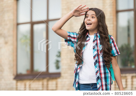 Surprised look. Little girl look into distance outdoors. Surprised look. Little girl look into distance outdoors. 80528605