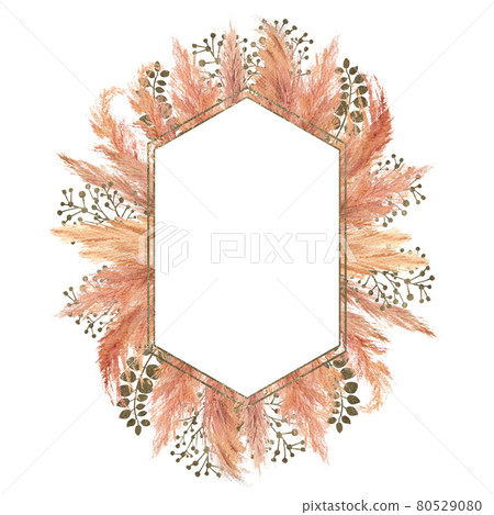 Watercolor boho bouquet with dried pampas grass and silver geometric frame on isolated on white background. Flower illustration for wedding or holiday design of invitations, postcards, printing Watercolor boho bouquet with dried pampas grass and silver geometric frame on isolated on white background. Flower illustration for wedding or holiday design of invitations, postcards, printing 80529080