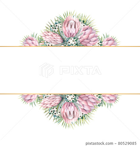 Rectangular gold frame with protea flowers, tropical leaves, palm leaves, bouvardia flowers. Wedding bouquet in a frame for the design of a stylish invitation. Watercolour illustration Rectangular gold frame with protea flowers, tropical leaves, palm leaves, bouvardia flowers. Wedding bouquet in a frame for the design of a stylish invitation. Watercolour illustration 80529085